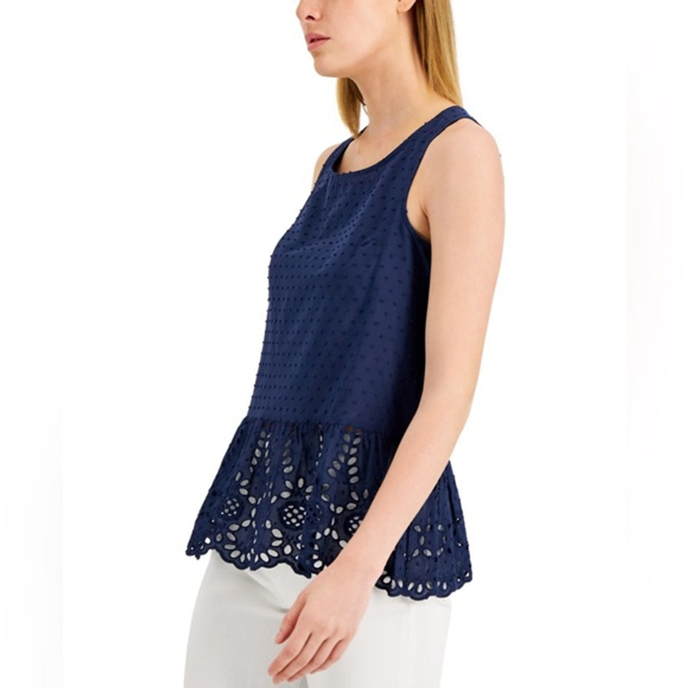 Adyson Parker Peplum top Navy Eyelet Sleeveless Tank Top L 100% cotton